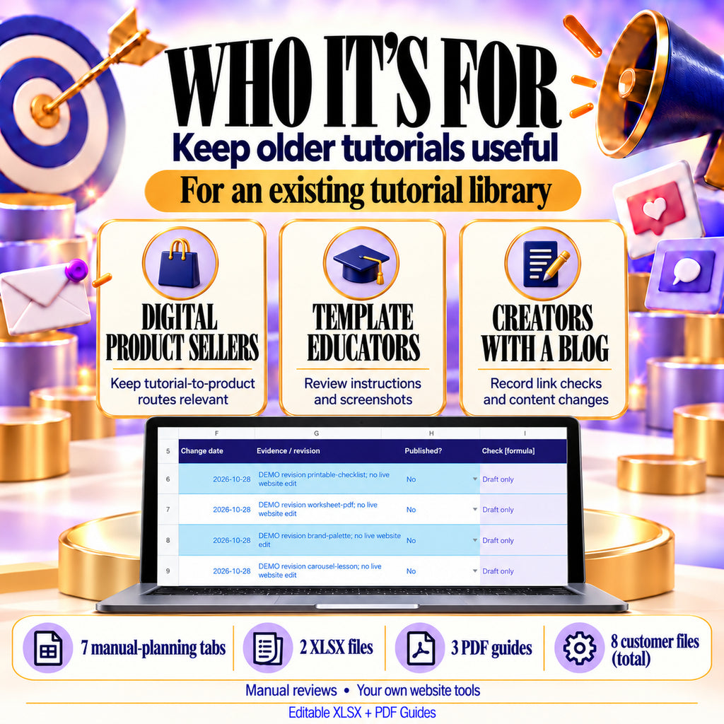Editorial maintenance planner for digital product sellers, template educators and creators with older blog tutorials.