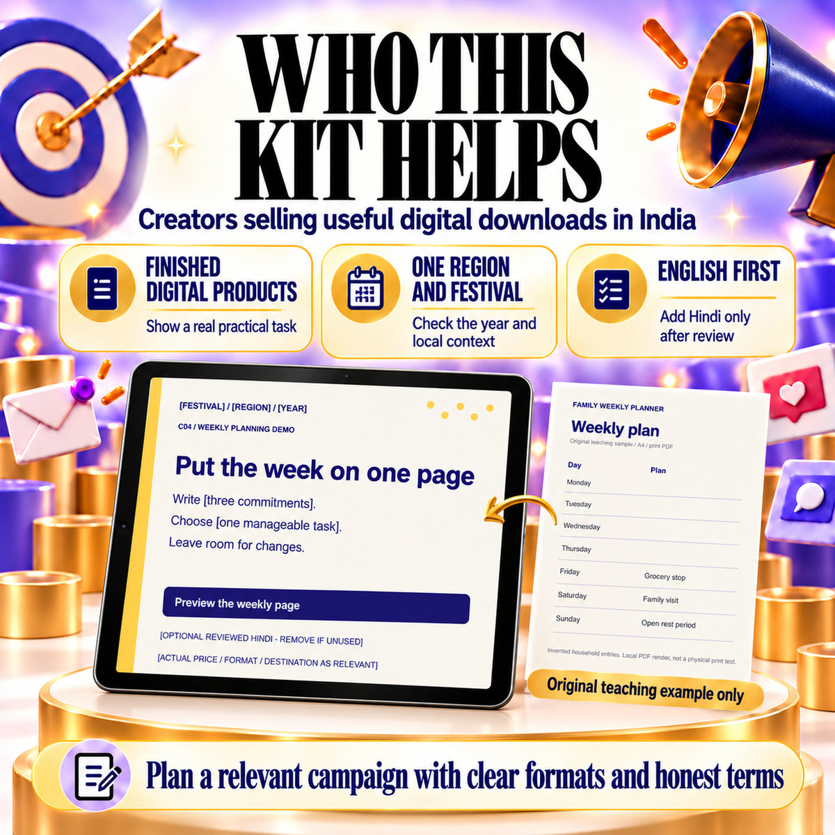 For creators with finished digital products, a chosen festival and region, and English-first copy with optional reviewed Hindi fields.