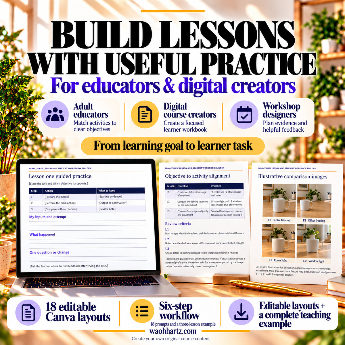 Mini-Course Workbook Builder for adult educators, digital course creators and workshop designers, with actual layout and example previews.