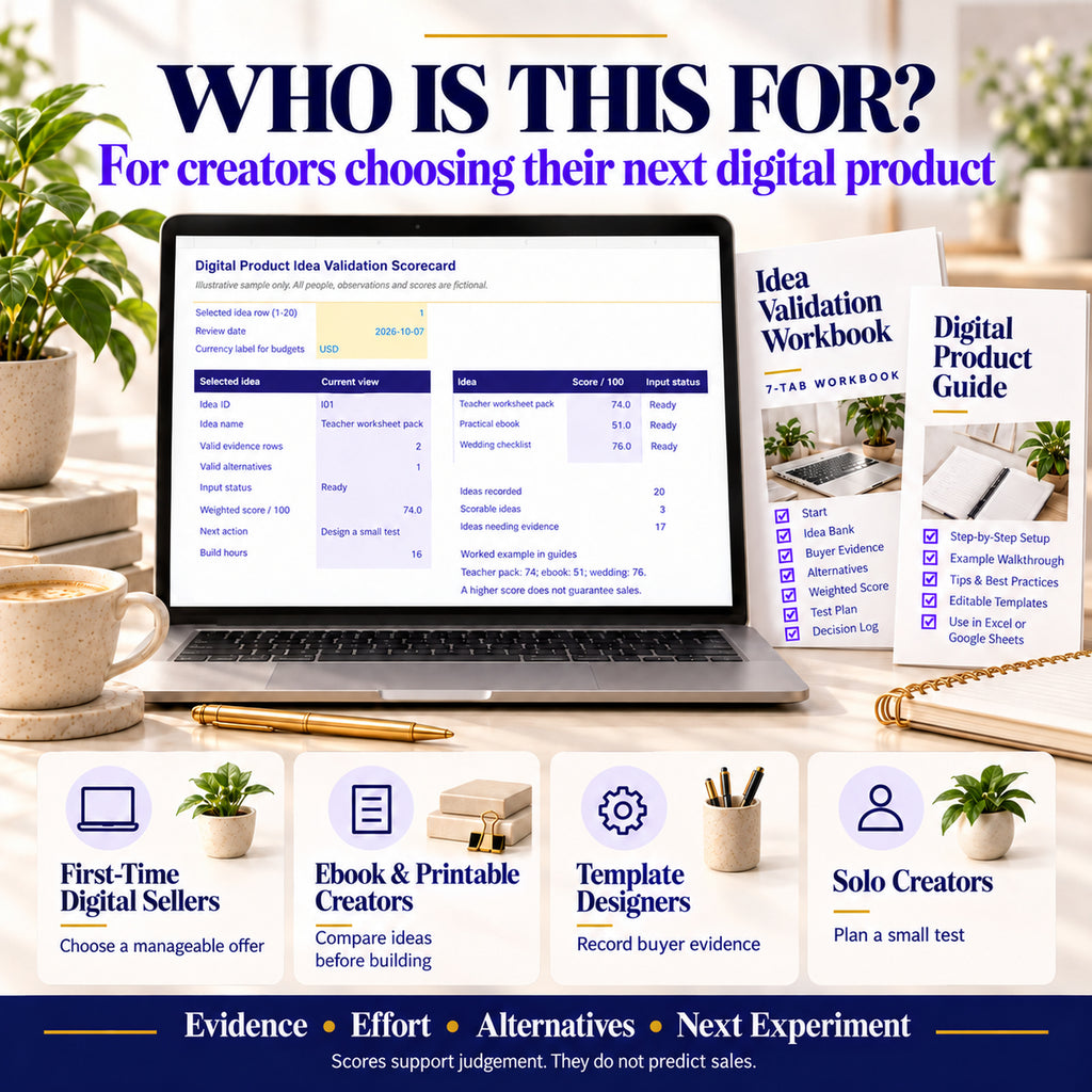 Idea validation toolkit for first-time digital sellers, ebook and printable creators, template designers and solo creators