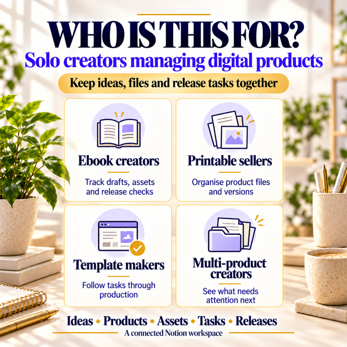 Digital Product Creator OS for Notion for ebook creators, printable sellers, template makers and creators managing several products.