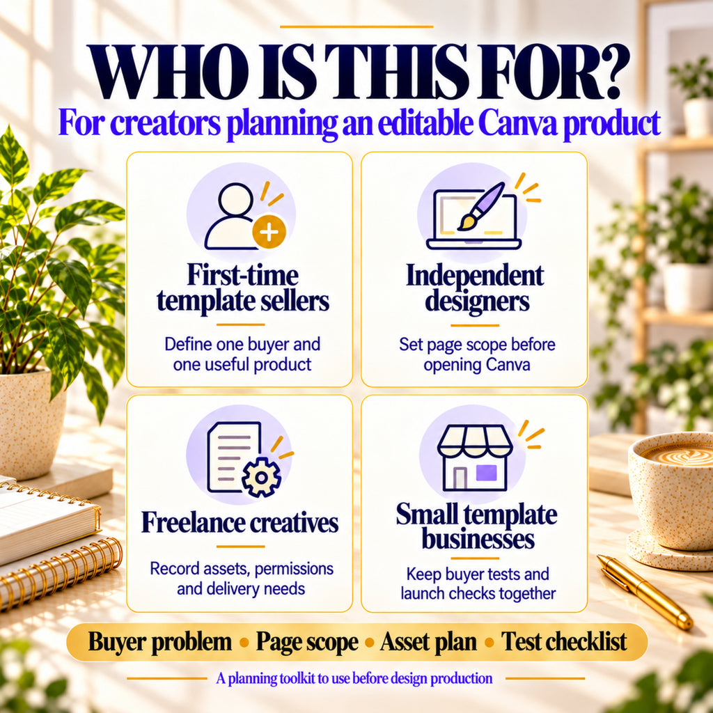 Planning kit for first-time Canva template sellers, independent designers, freelance creatives and small template businesses.