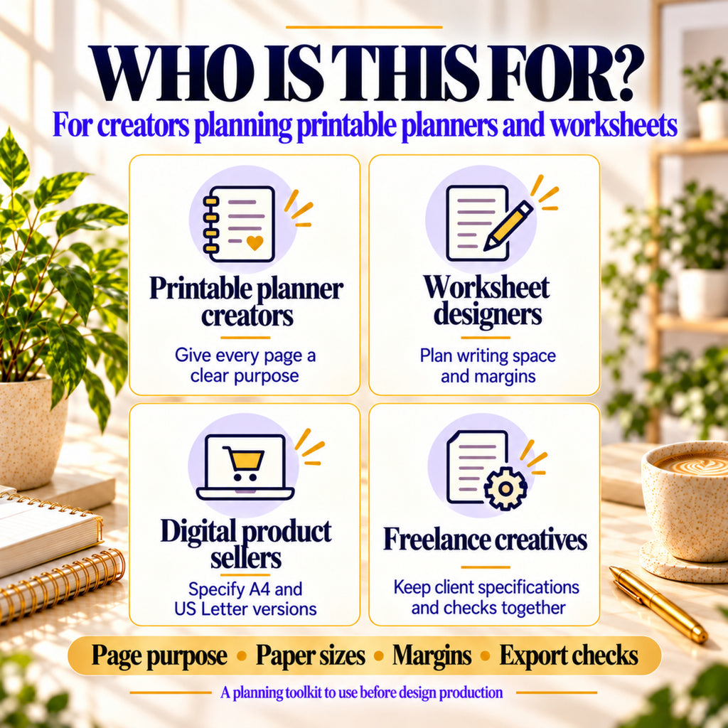 Printable specification planning kit for planner creators, worksheet designers, digital product sellers and freelance creatives.