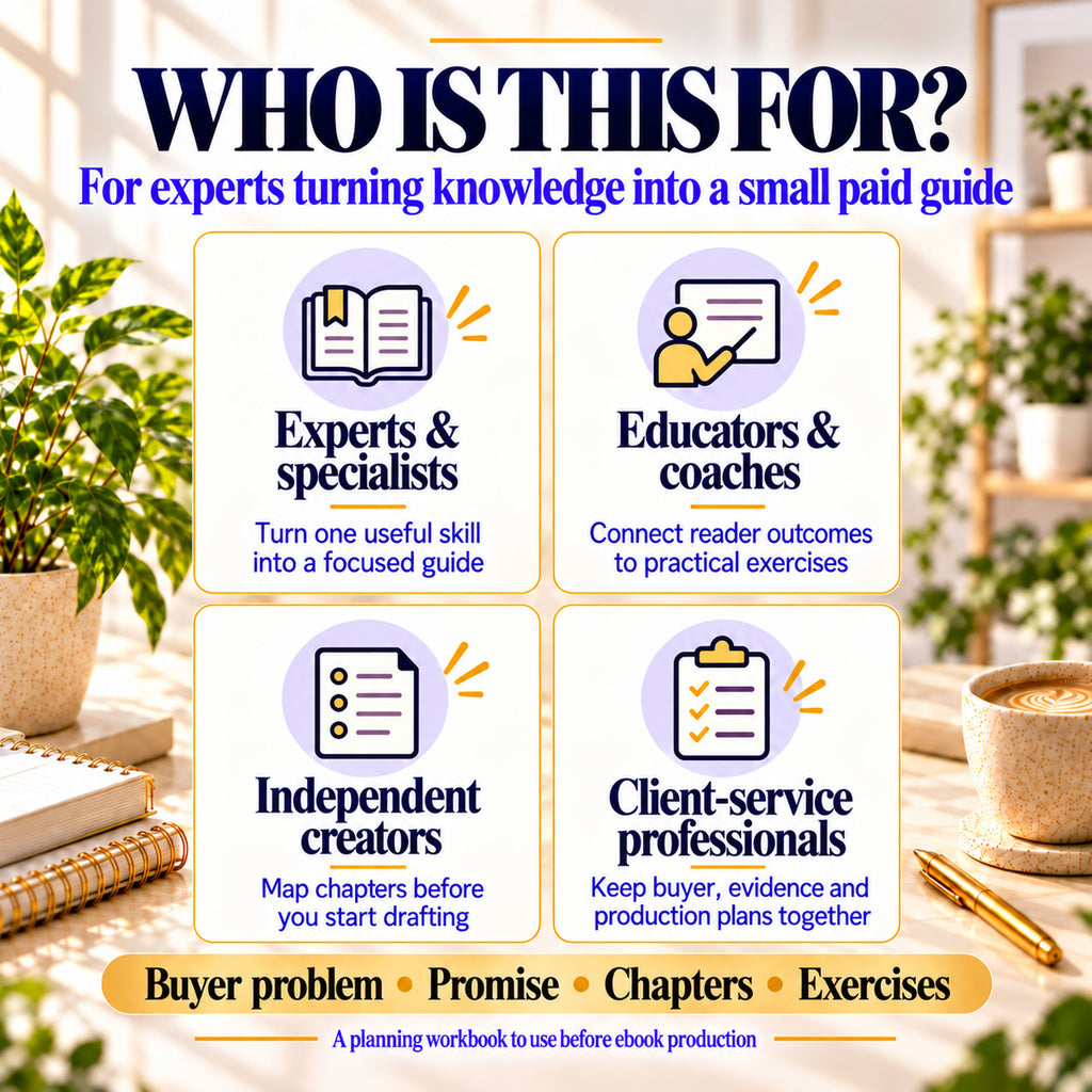 Ebook planning workbook for experts, educators, independent creators and client-service professionals.