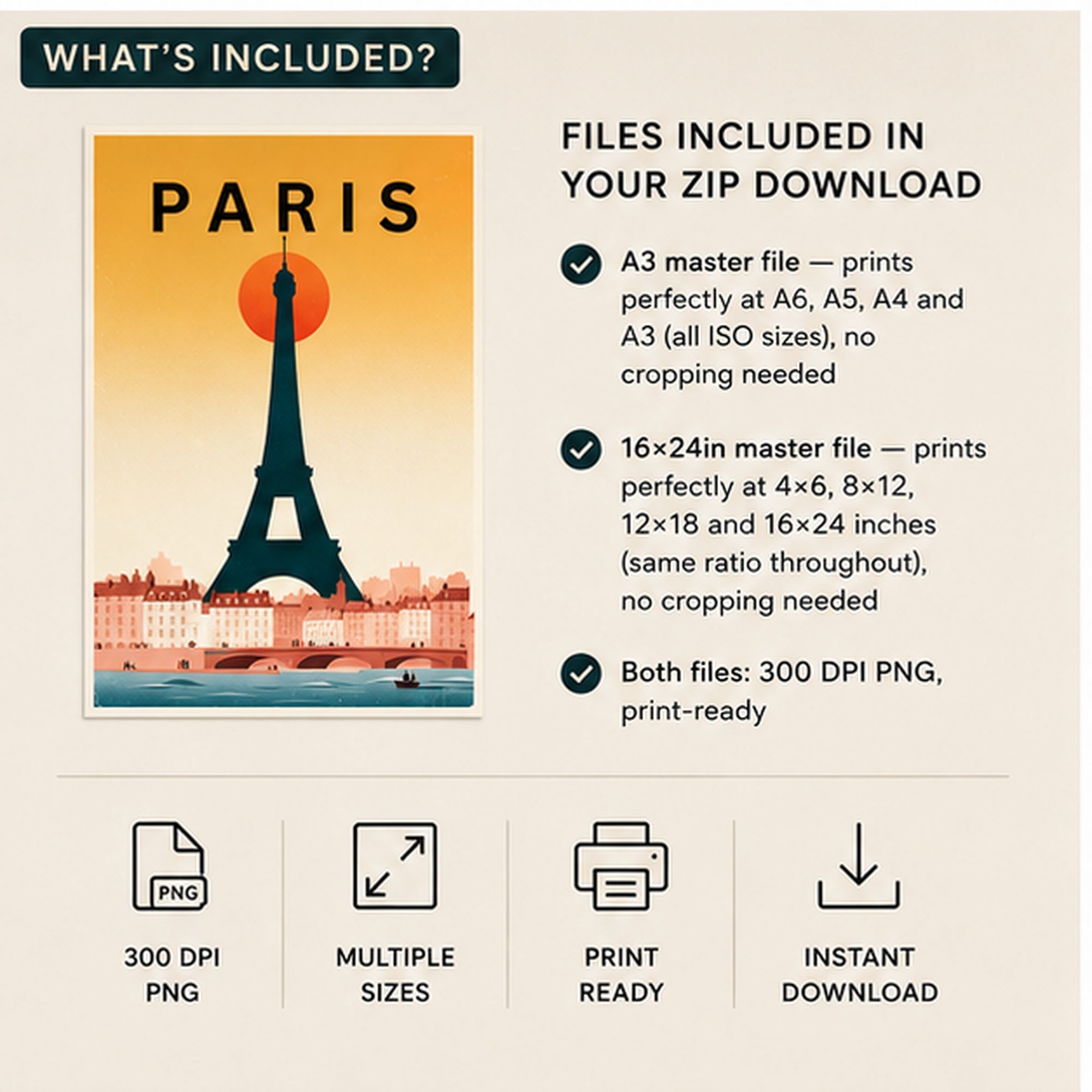 Vintage Travel Poster — Paris — Instant Download — Retro European Travel Print A3 16x24 — Living Room Wall Art