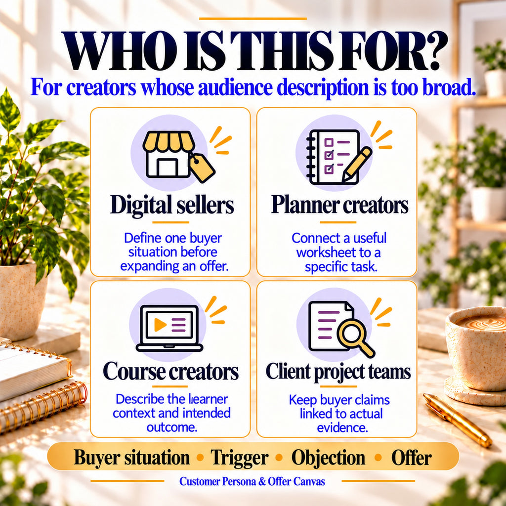 Customer persona and offer workbook for digital sellers, planner creators, course creators and client project teams
