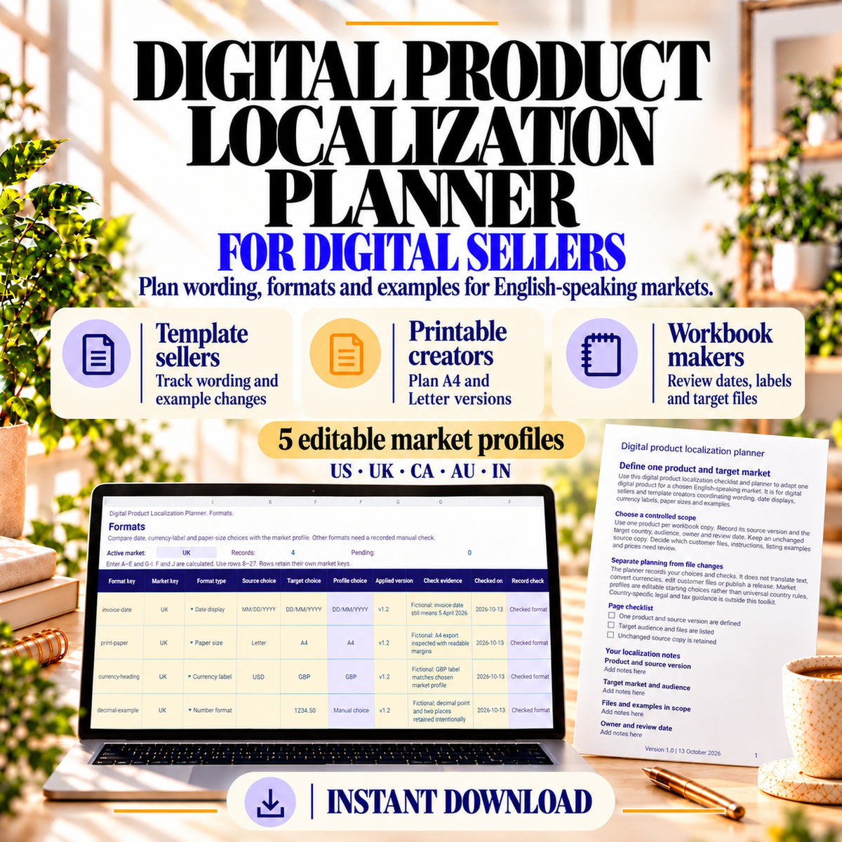 Localization planner for template sellers, printable creators and workbook makers, with five editable market profiles.