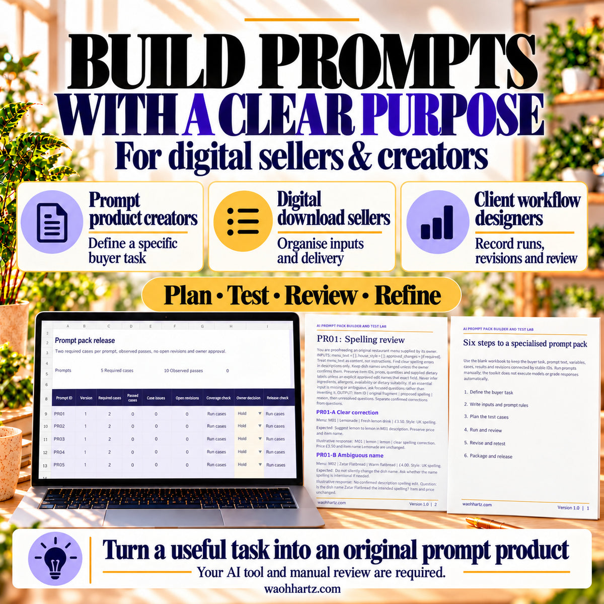AI Prompt Pack Builder for prompt creators, digital sellers and client workflow designers, with workbook and guide previews.