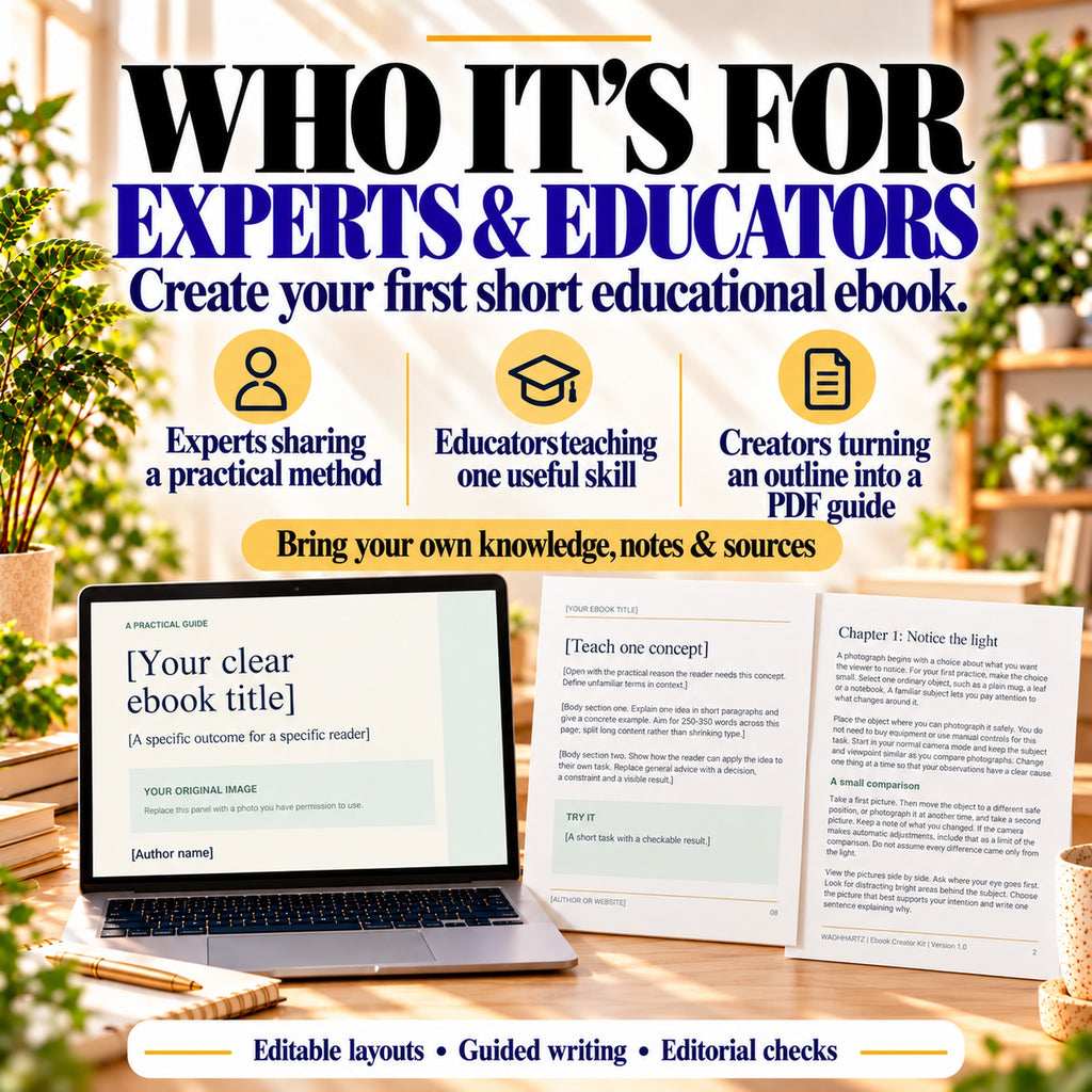 Ebook toolkit for experts sharing methods, educators teaching skills and creators turning outlines into PDF guides.