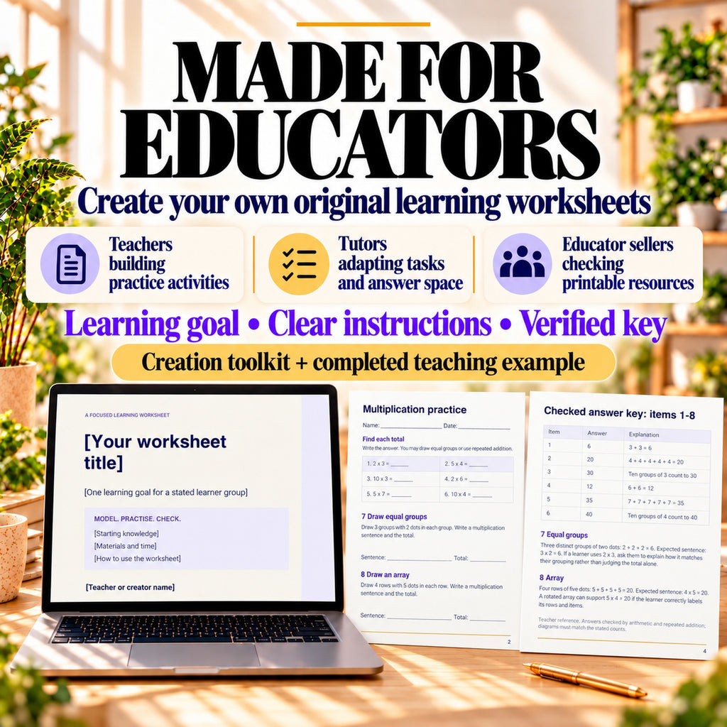 Worksheet creation toolkit for teachers, tutors and educator sellers creating original printable learning resources.