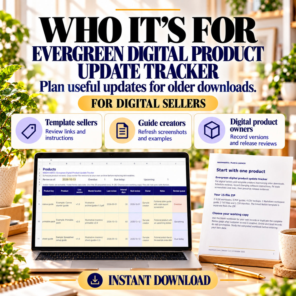 Product maintenance planner for template sellers, guide creators and digital product owners.