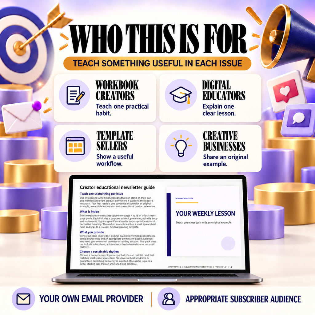 Educational newsletter templates for workbook creators, digital educators, template sellers and creative businesses.