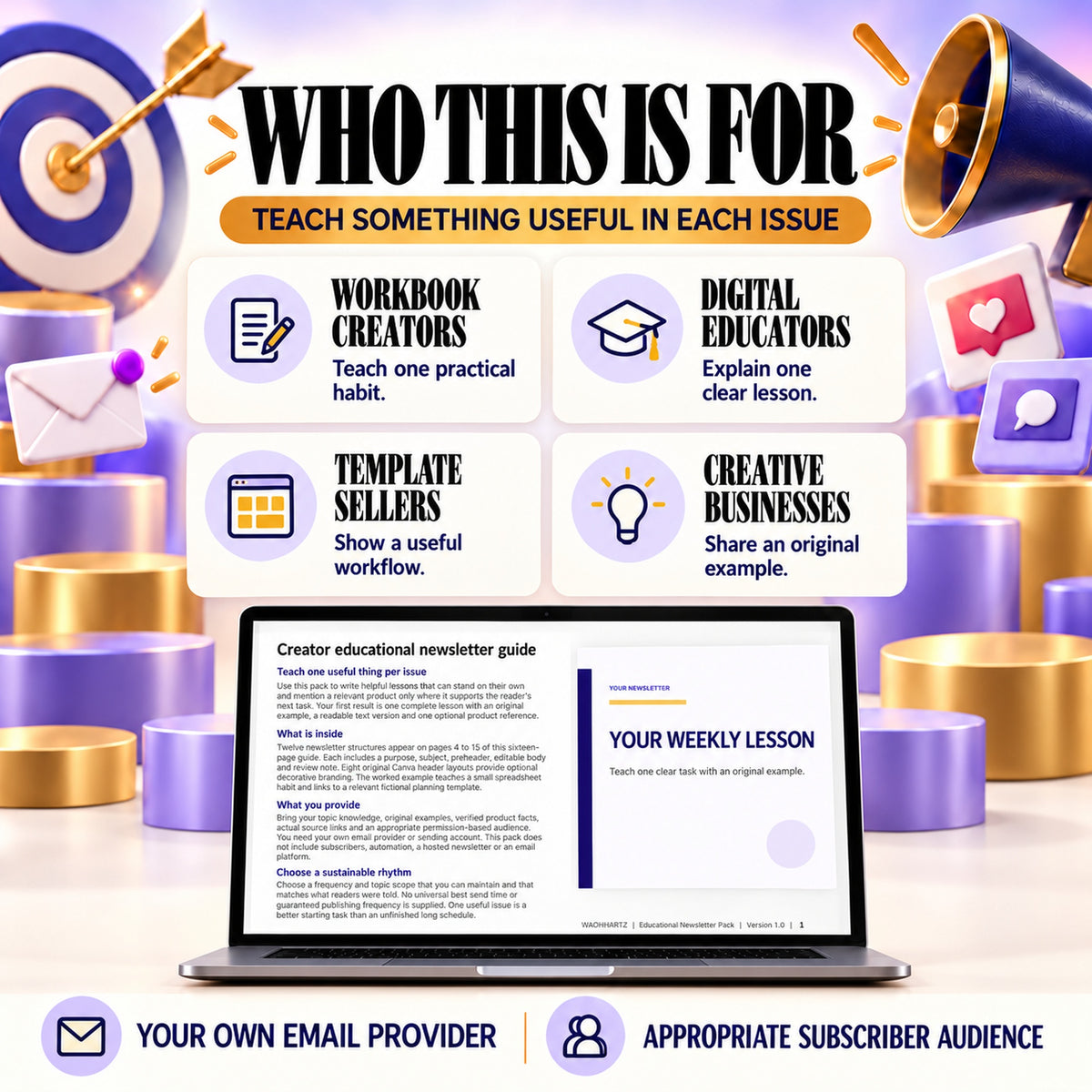 Educational newsletter templates for workbook creators, digital educators, template sellers and creative businesses.