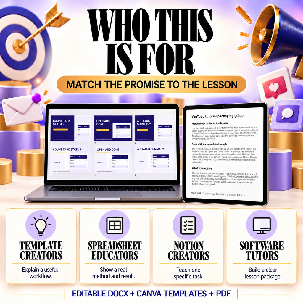 YouTube tutorial packaging materials for template creators, spreadsheet educators, Notion creators and software tutors.