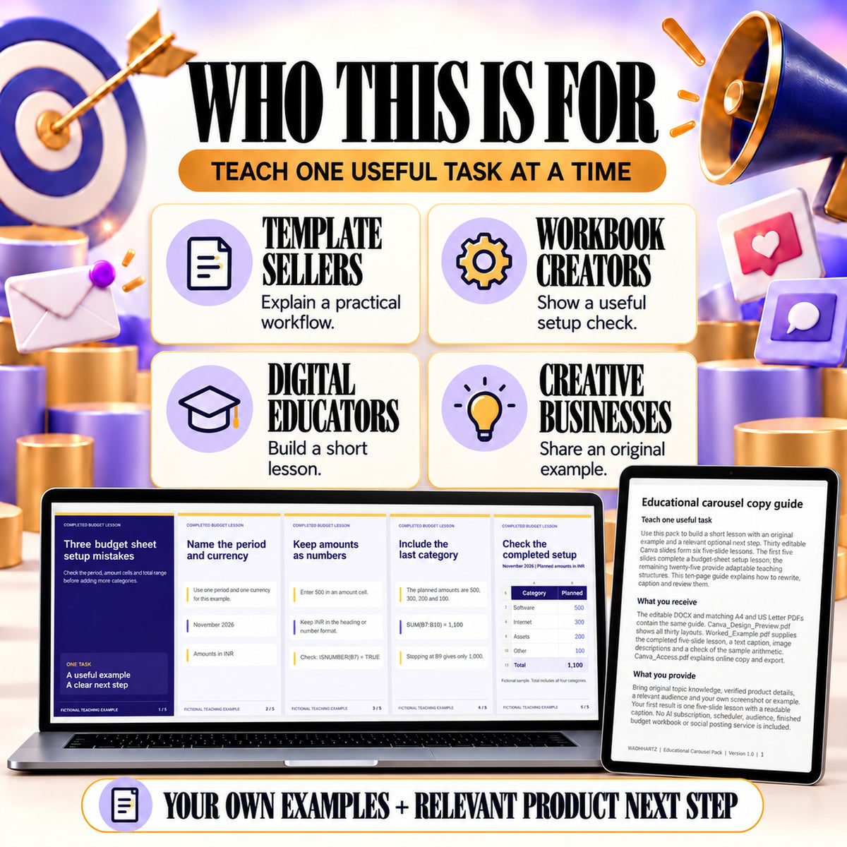 Teaching carousel templates for template sellers, workbook creators, digital educators and creative businesses.
