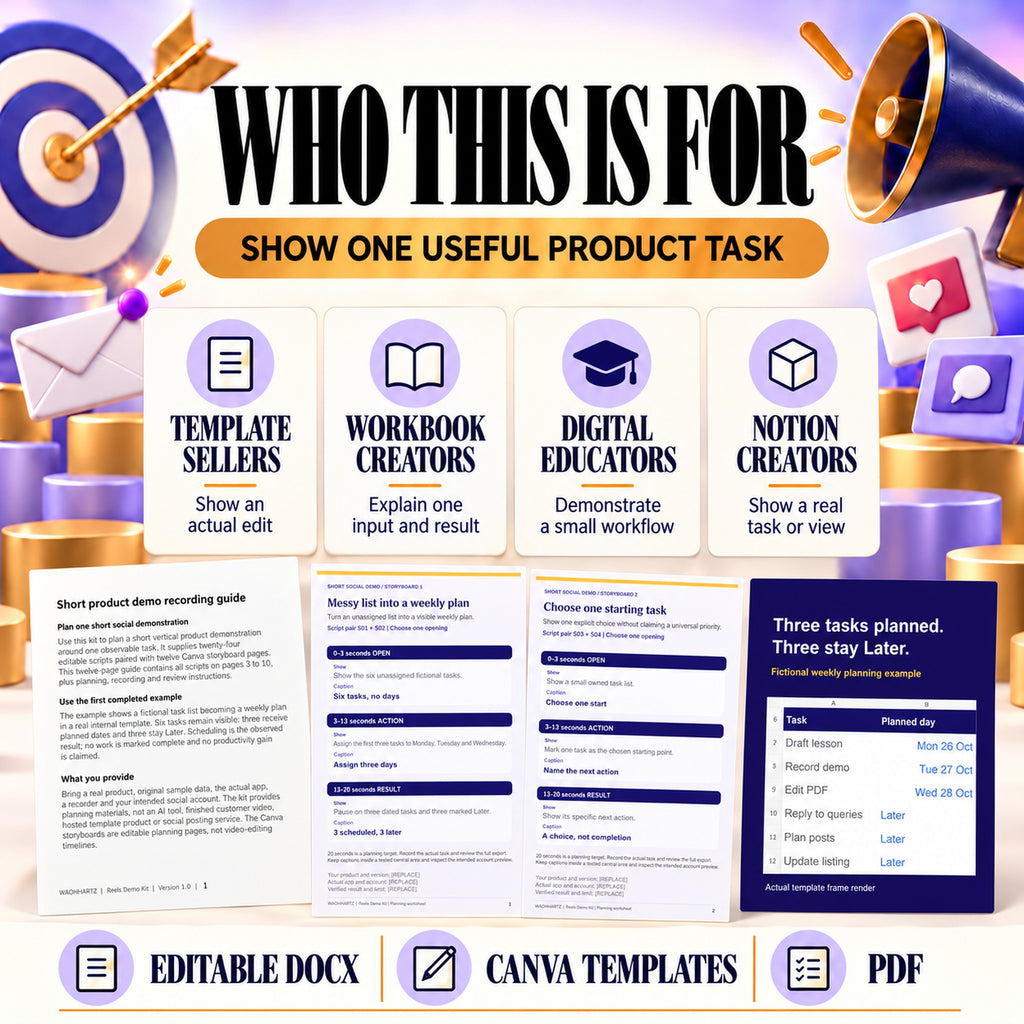 Short product-demo planning materials for template sellers, workbook creators, digital educators and Notion creators.