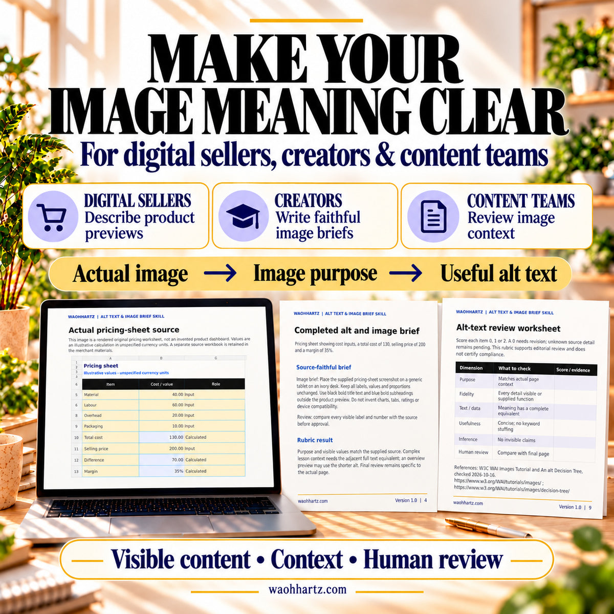 Alt Text Skill for sellers, creators and content teams: connect the actual image and its purpose to useful alt text. Previews show a pricing-sheet image, completed brief and review rubric.