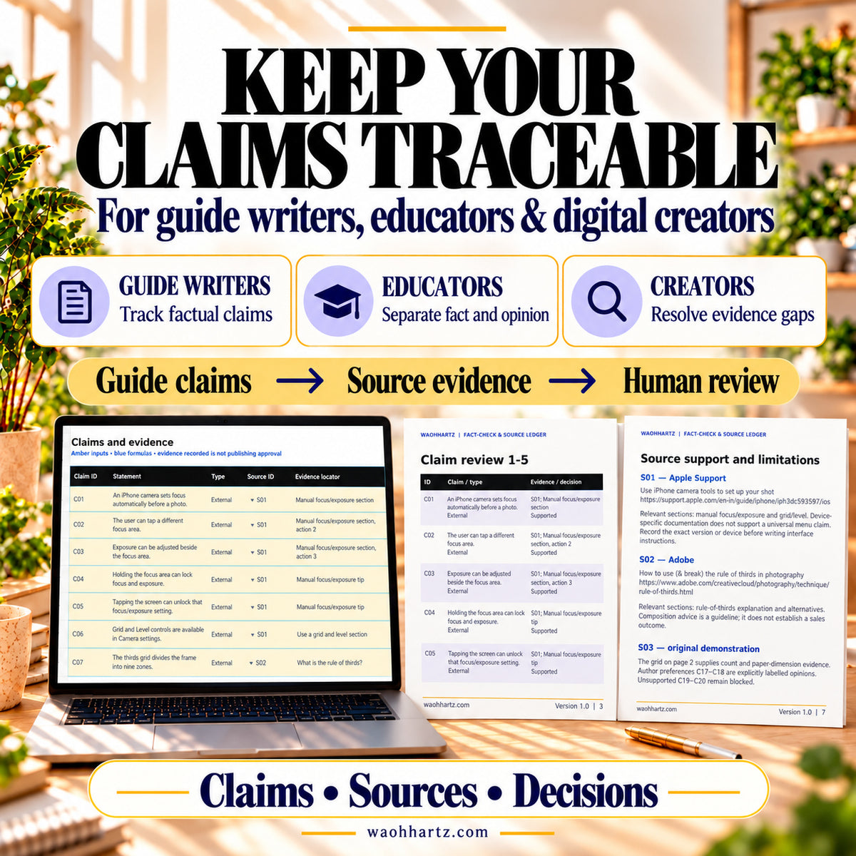 Source Ledger for guide writers, educators and creators: connect guide claims to source evidence and human review, with spreadsheet, claim-review and source-limitations previews.