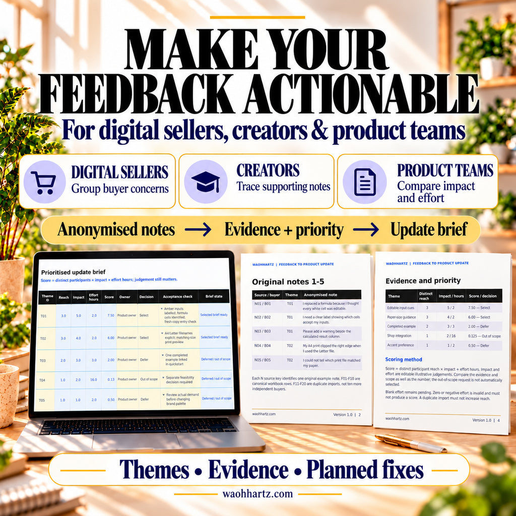 Feedback workflow for sellers, creators and product teams: turn anonymised notes into evidence, priority decisions and an update brief. Previews show priorities, original notes and supporting evidence.