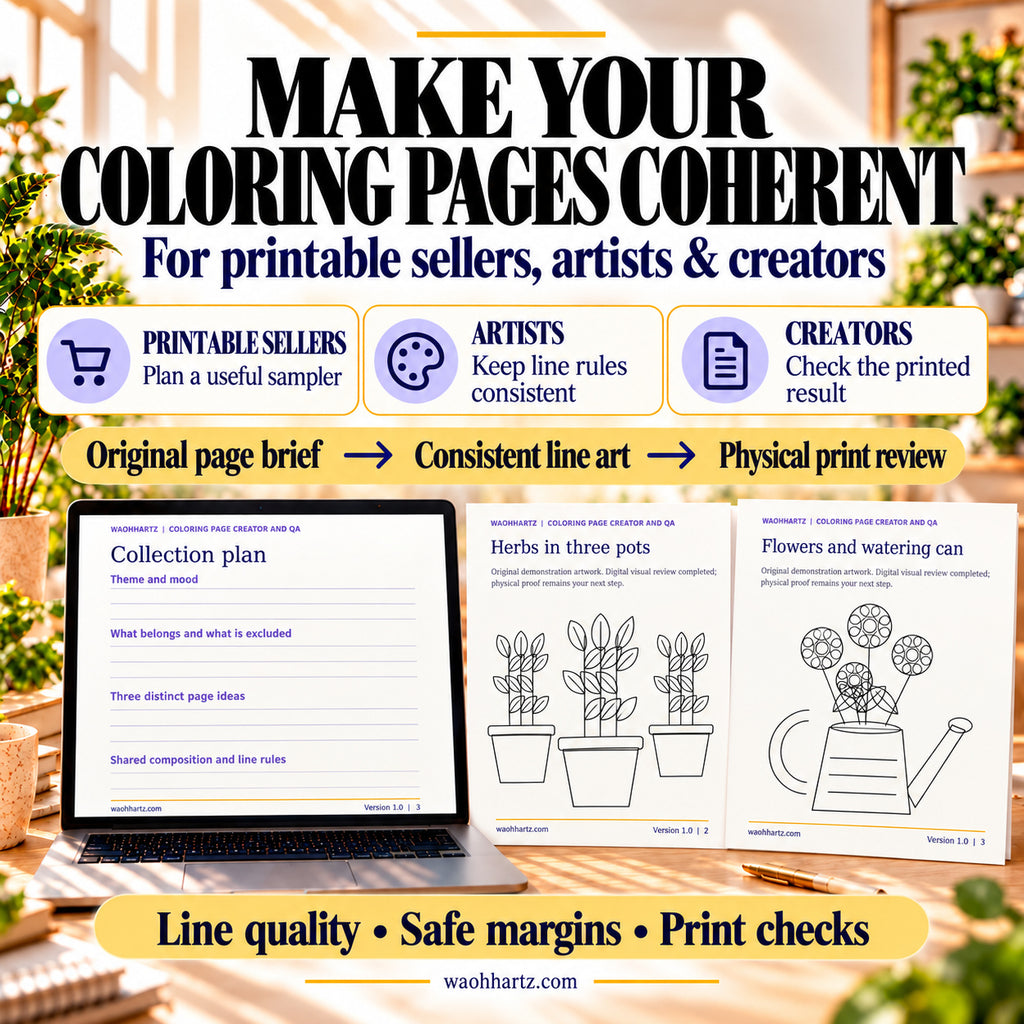 Coloring kit for printable sellers, artists and creators: move from an original page brief to consistent line art and physical print review. Planning and two different garden example pages are shown.