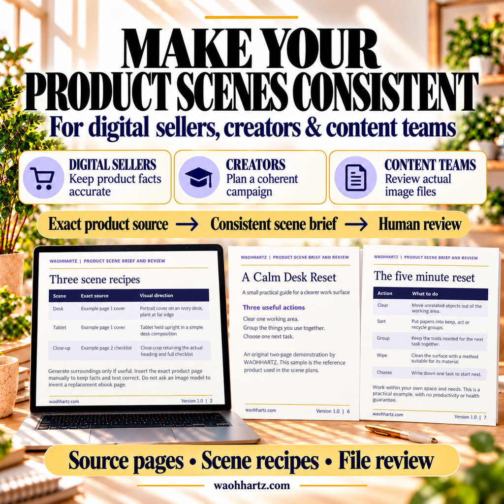Scene Review System for sellers, creators and content teams: connect the exact product source to a consistent scene brief and human review. Recipe, cover and checklist pages are shown.