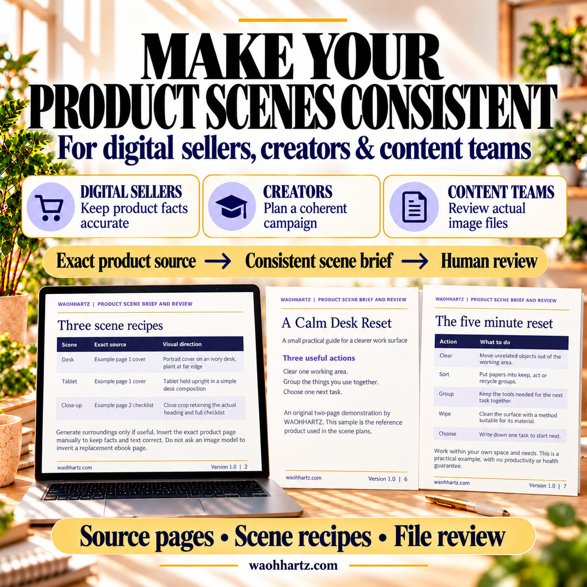 Scene Review System for sellers, creators and content teams: connect the exact product source to a consistent scene brief and human review. Recipe, cover and checklist pages are shown.