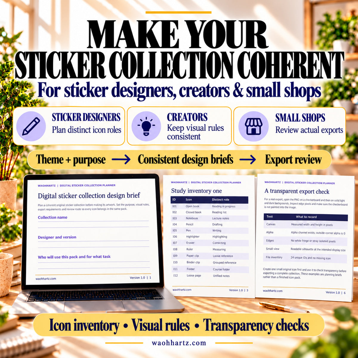 Sticker planning kit for designers, creators and small shops: connect theme and purpose to consistent design briefs and export review. Workbook, icon inventory and transparency-check pages are shown.