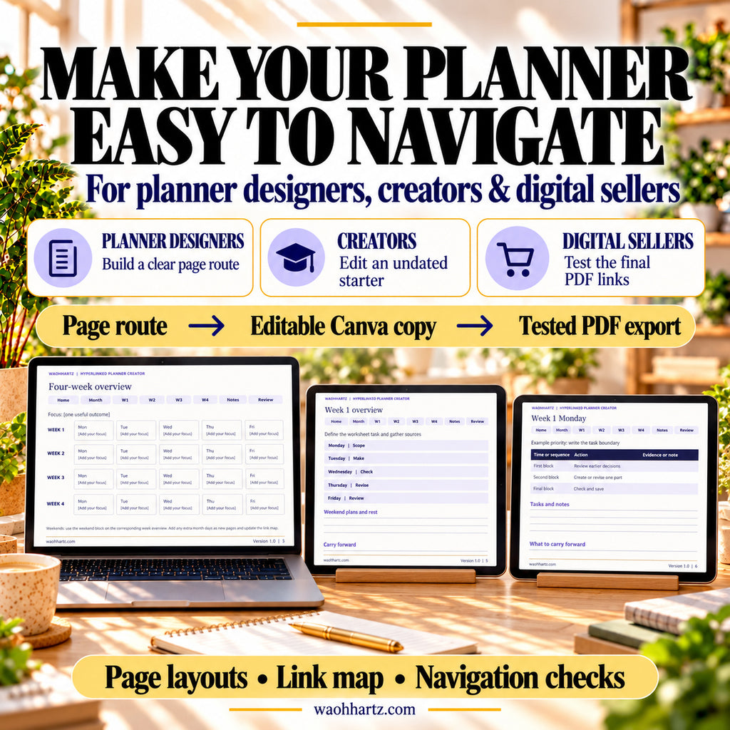 Planner kit for designers, creators and digital sellers: build a page route, edit a Canva copy and test the saved PDF. Three landscape previews show different overview and daily layouts.