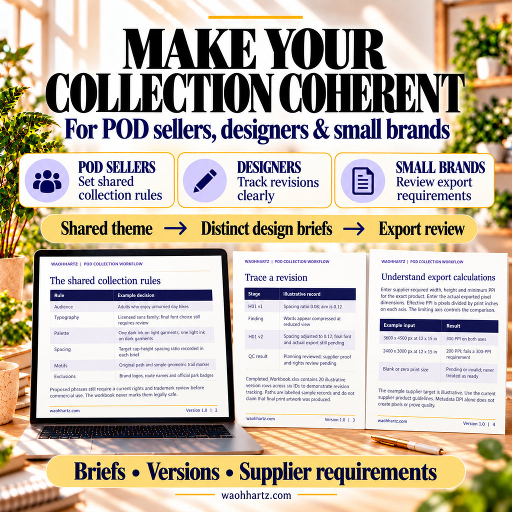 POD workflow for sellers, designers and small brands: connect shared collection rules to distinct briefs and export review. Three different pages show rules, a revision and PPI calculations.