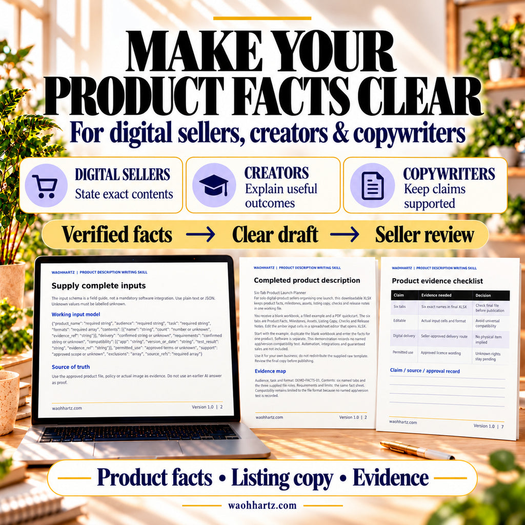 Description Writing Skill for sellers, creators and copywriters: verified product facts become a clear draft for seller review. Laptop and paper previews show the schema, example and checklist.