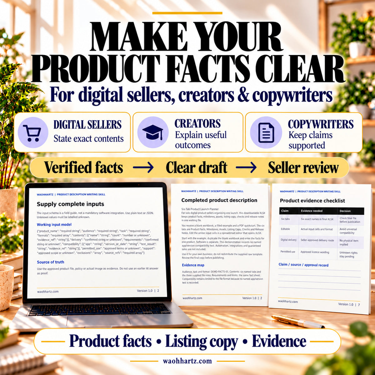 Description Writing Skill for sellers, creators and copywriters: verified product facts become a clear draft for seller review. Laptop and paper previews show the schema, example and checklist.