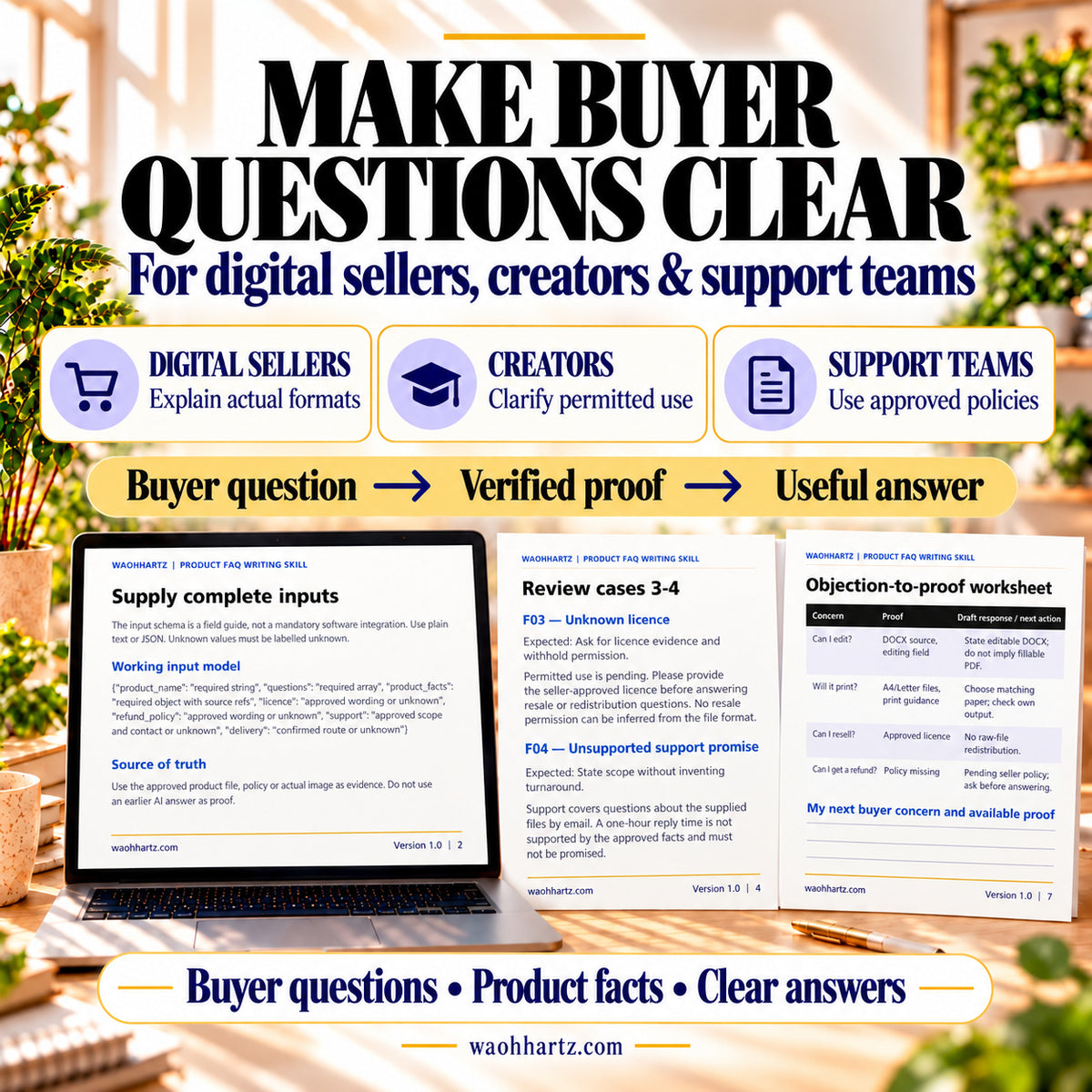 FAQ Writing Skill for sellers, creators and support teams: connect a buyer question to verified proof and a useful answer. Previews show the input schema, review cases and objection-to-proof worksheet.