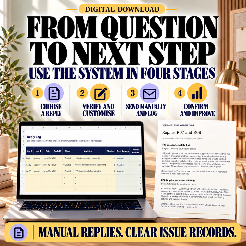 Four-stage support workflow: choose a reply, verify and customise, send manually and log, then confirm and improve, with the actual draft reply log.