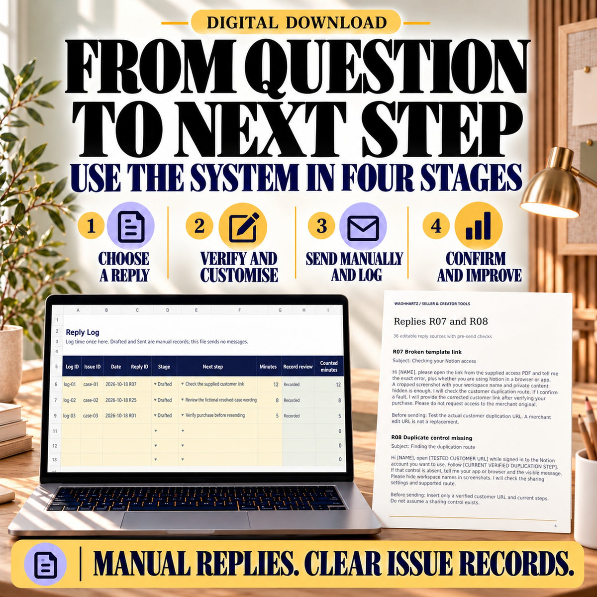 Four-stage support workflow: choose a reply, verify and customise, send manually and log, then confirm and improve, with the actual draft reply log.