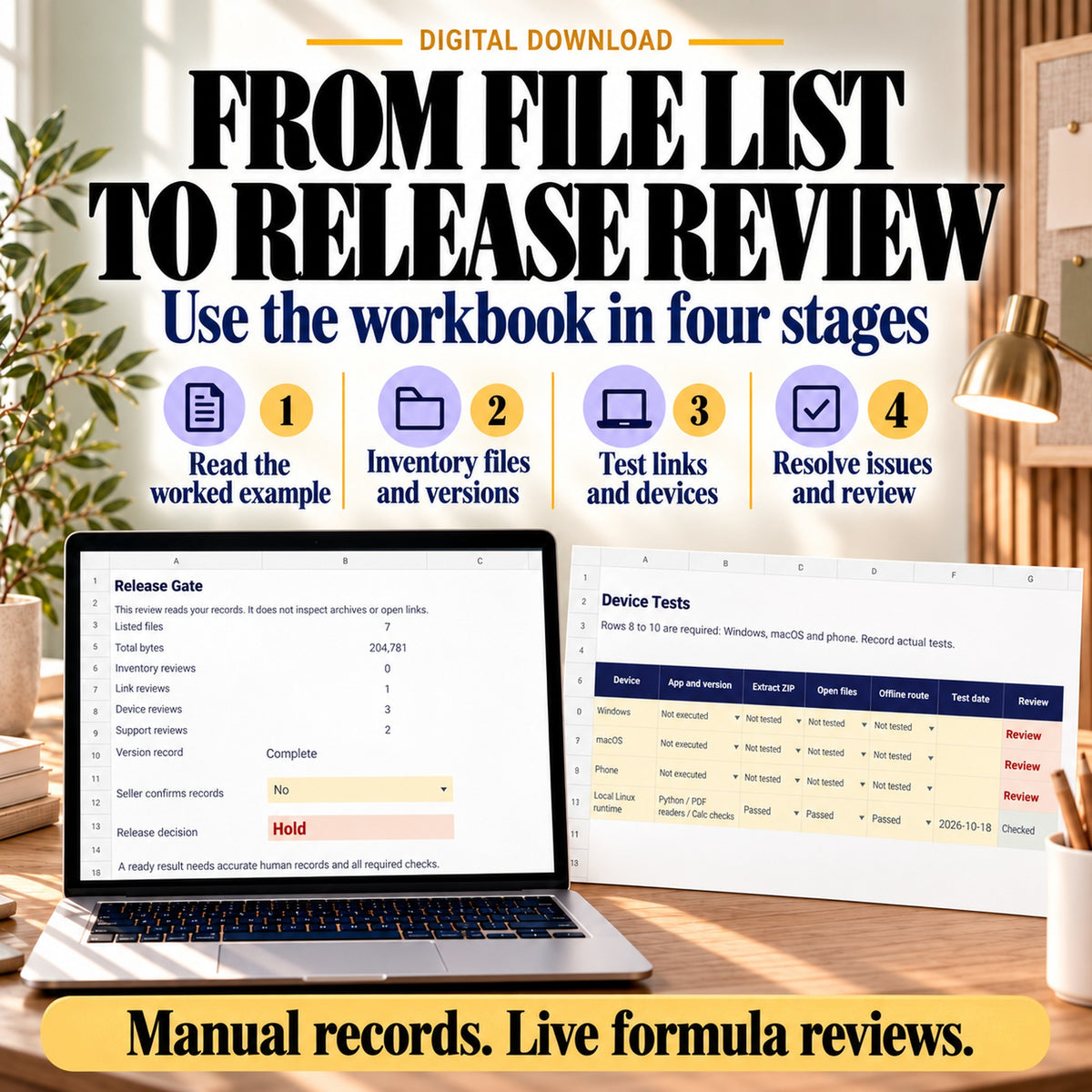 Four-stage digital download QA workflow: read the example, inventory files and versions, test links and devices, then resolve issues and review.