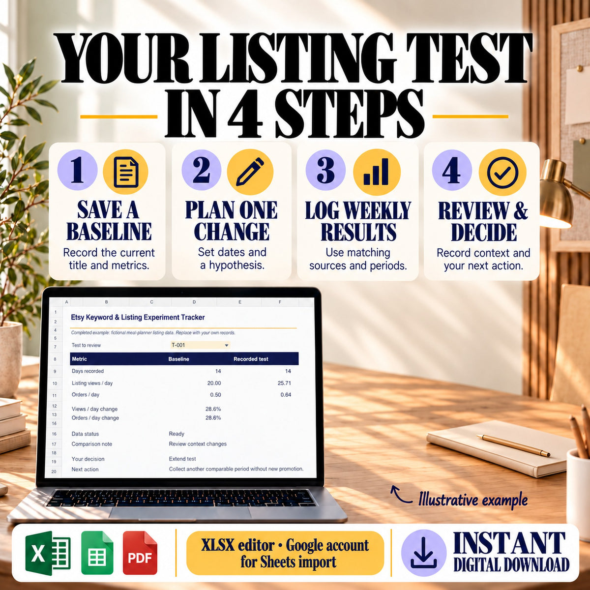 Four steps to save a baseline, plan one listing change, log weekly results and record a decision using the spreadsheet.