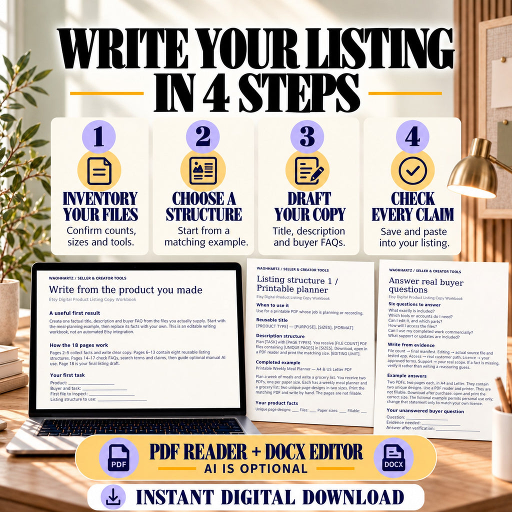 Four steps to inventory product files, choose a structure, draft listing copy and check every claim; AI is optional.