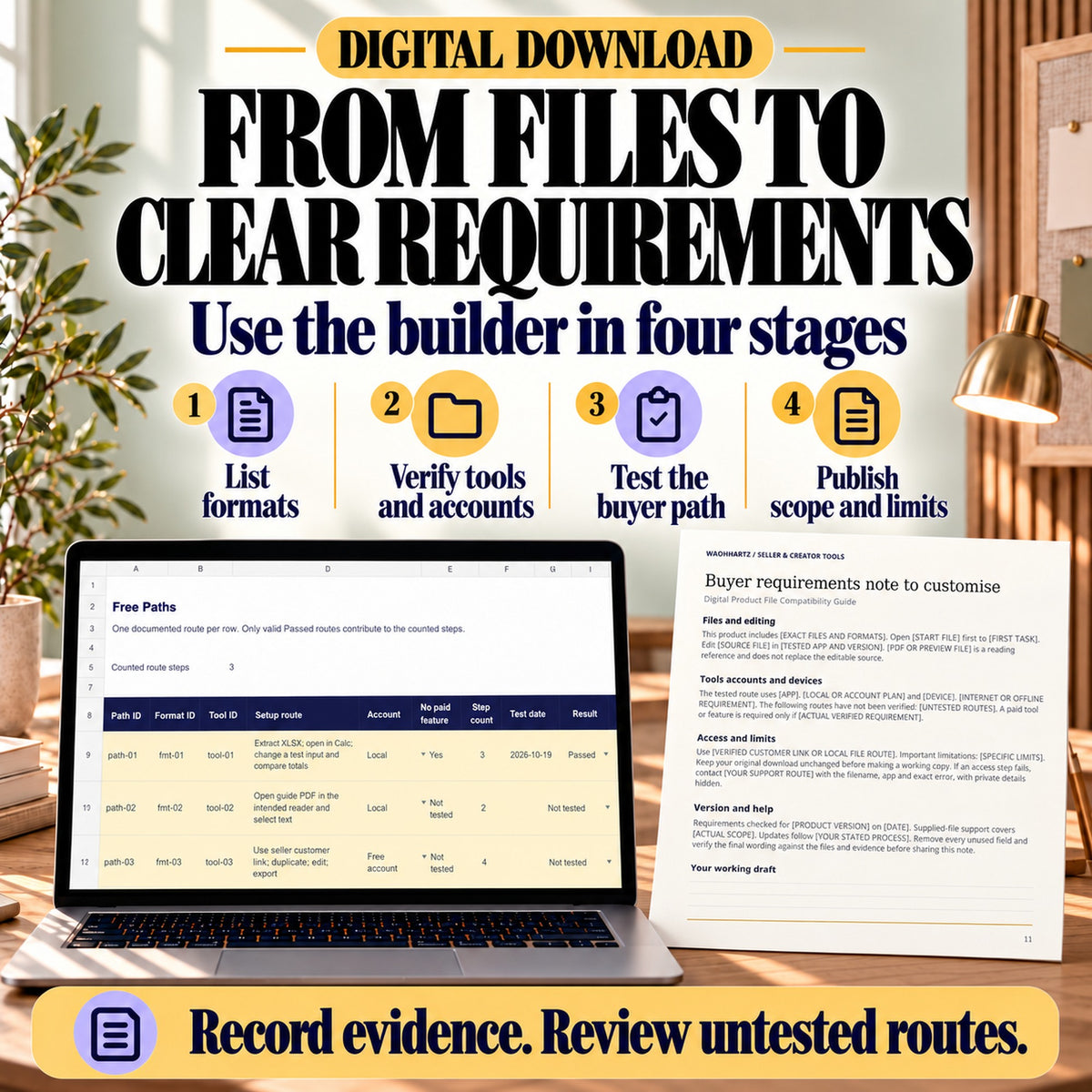 Four-stage compatibility workflow: list formats, verify tools and accounts, test the buyer path, then publish scope and limits using the actual workbook.