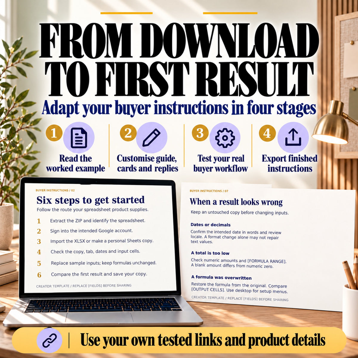Four stages for adapting Google Sheets buyer instructions: read the example, customise, test and export.