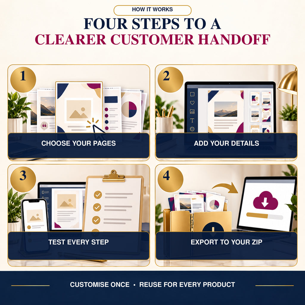 Four steps to customize, test and export a digital download customer instruction guide
