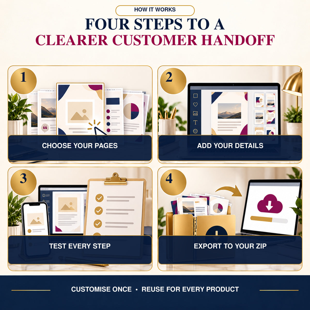 Four steps to customize, test and export a digital download customer instruction guide