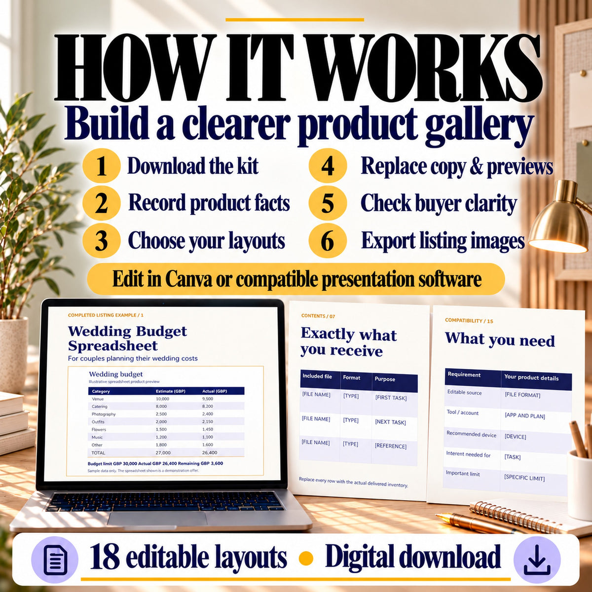 Six steps for creating product listing images: download, record product facts, choose layouts, replace copy and previews, check clarity and export images.