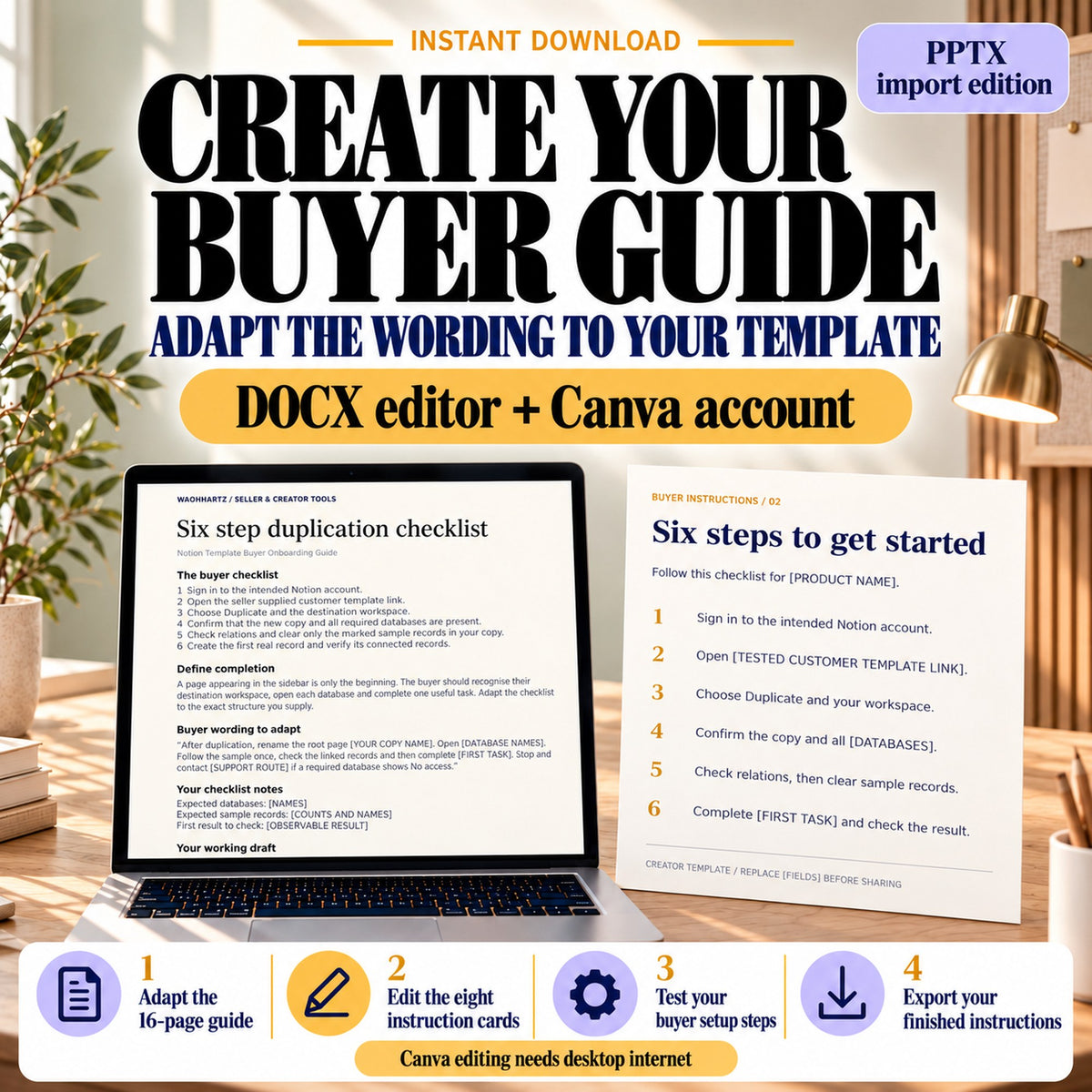 Four steps to adapt the Notion buyer guide, edit eight cards, test setup and export finished customer instructions.