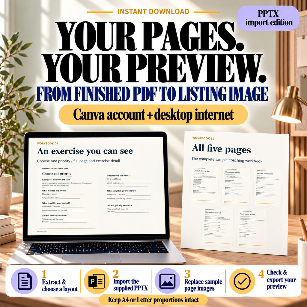 Four steps to import the PPTX, replace real PDF page images, check proportions and export a finished product preview.
