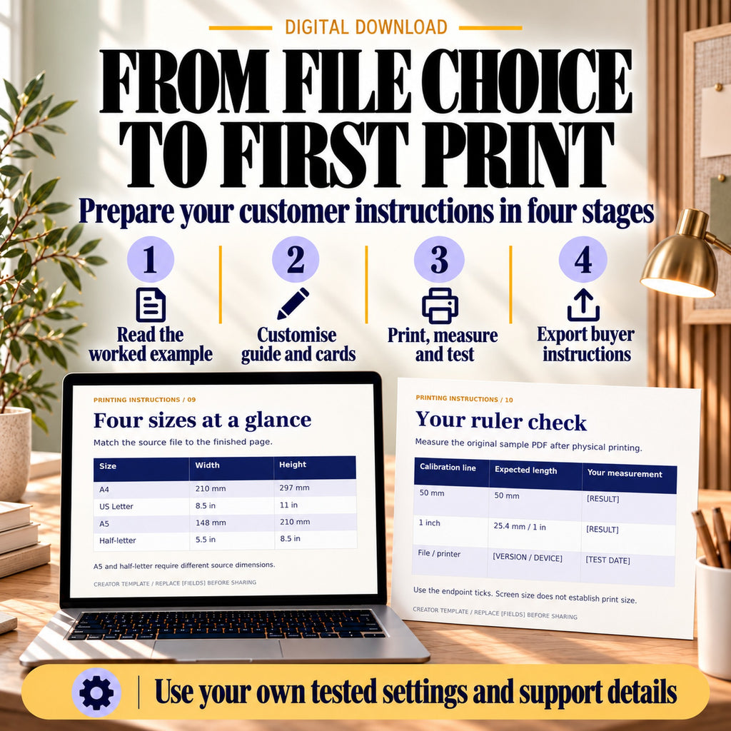 Four stages for adapting printable buyer instructions: read the example, customise, print and measure, then export.