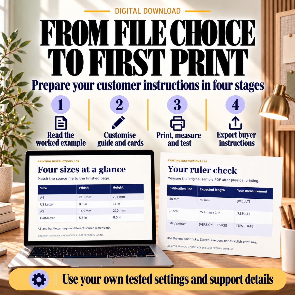 Four stages for adapting printable buyer instructions: read the example, customise, print and measure, then export.