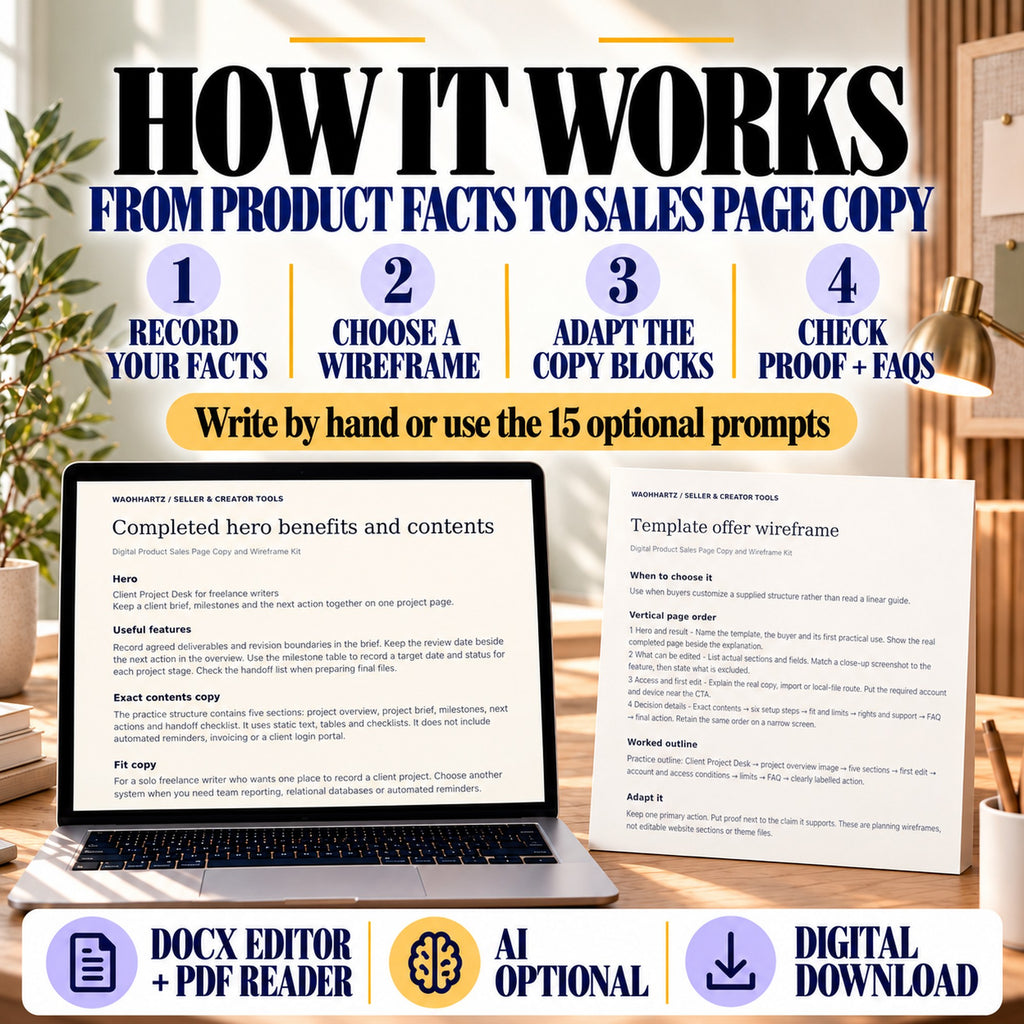 Four-step sales page workflow: record facts, choose a wireframe, adapt copy blocks, then check proof and FAQs.