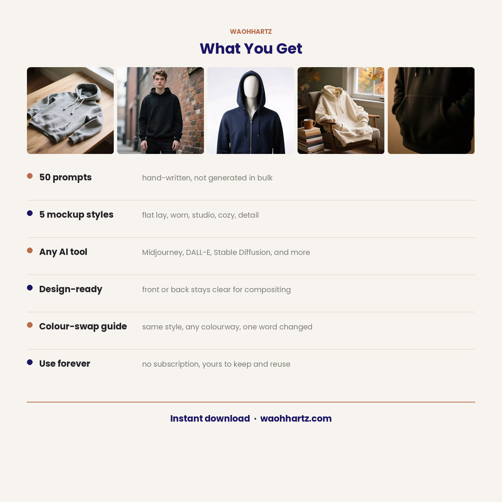 50 Hoodie Mockup AI Art Prompts — 5 Styles — Midjourney, DALL-E, Stable Diffusion — Instant Download PDF