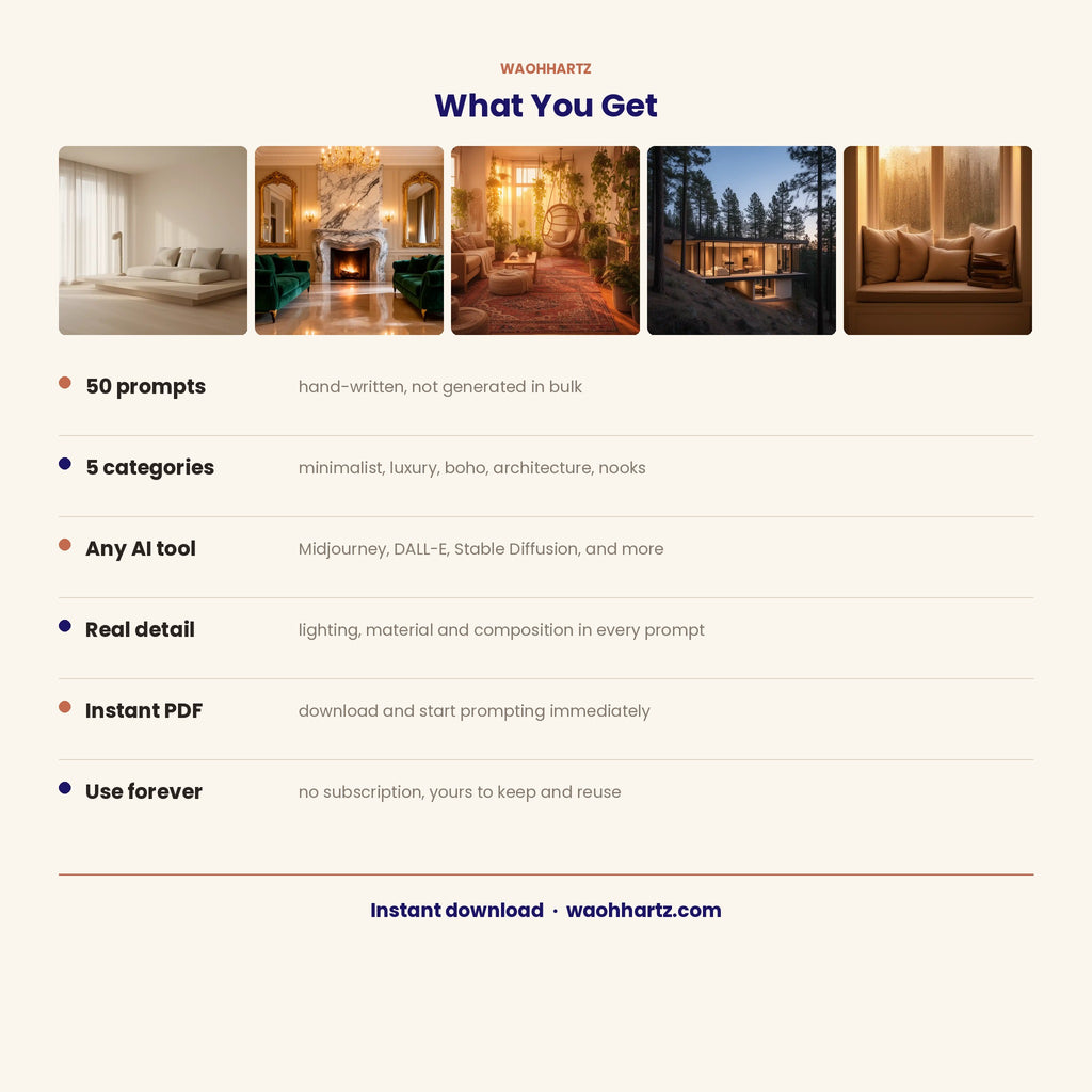 50 Interior Design &amp; Dream Home AI Art Prompts — Midjourney, DALL-E, Stable Diffusion — Instant Download PDF