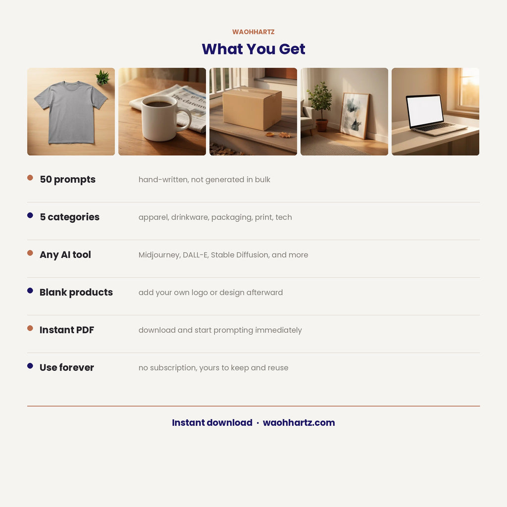 50 Product Mockup AI Art Prompts — Midjourney, DALL-E, Stable Diffusion — Instant Download PDF